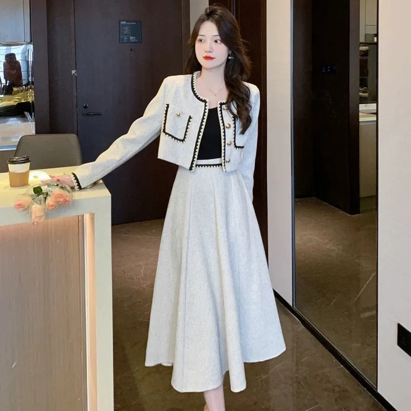 2023 autumn and winter new style French high-end small fragrant style suit temperament short jacket + high waist skirt