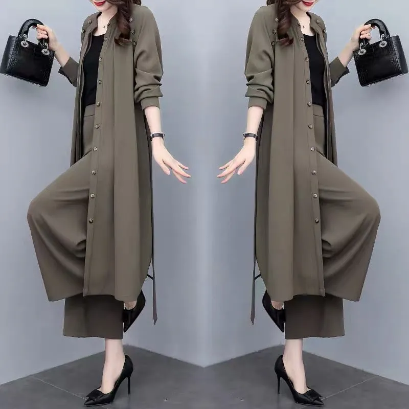 2023 Autumn New Plus Size Women's Clothing Medium Long Loose Jacket Wide Leg Pants Two-piece Casual Fashion Suit Women