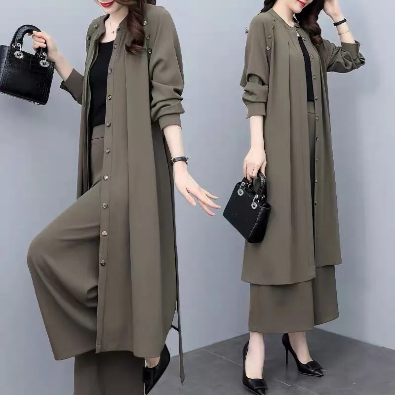 2023 Autumn New Plus Size Women's Clothing Medium Long Loose Jacket Wide Leg Pants Two-piece Casual Fashion Suit Women