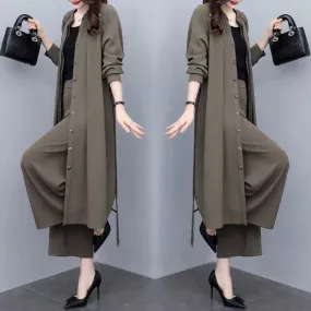 2023 Autumn New Plus Size Women's Clothing Medium Long Loose Jacket Wide Leg Pants Two-piece Casual Fashion Suit Women