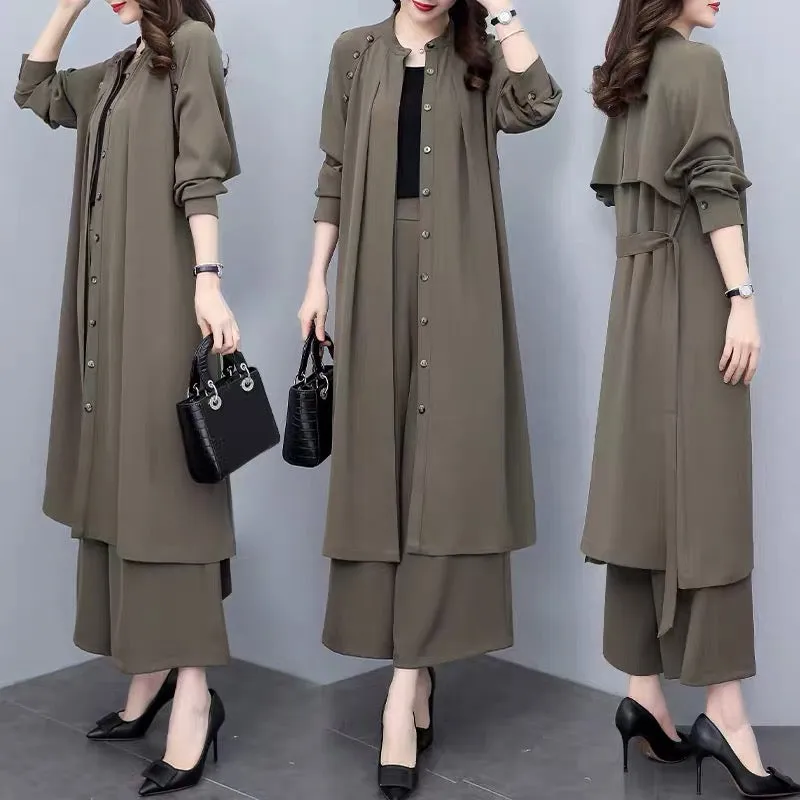 2023 Autumn New Plus Size Women's Clothing Medium Long Loose Jacket Wide Leg Pants Two-piece Casual Fashion Suit Women