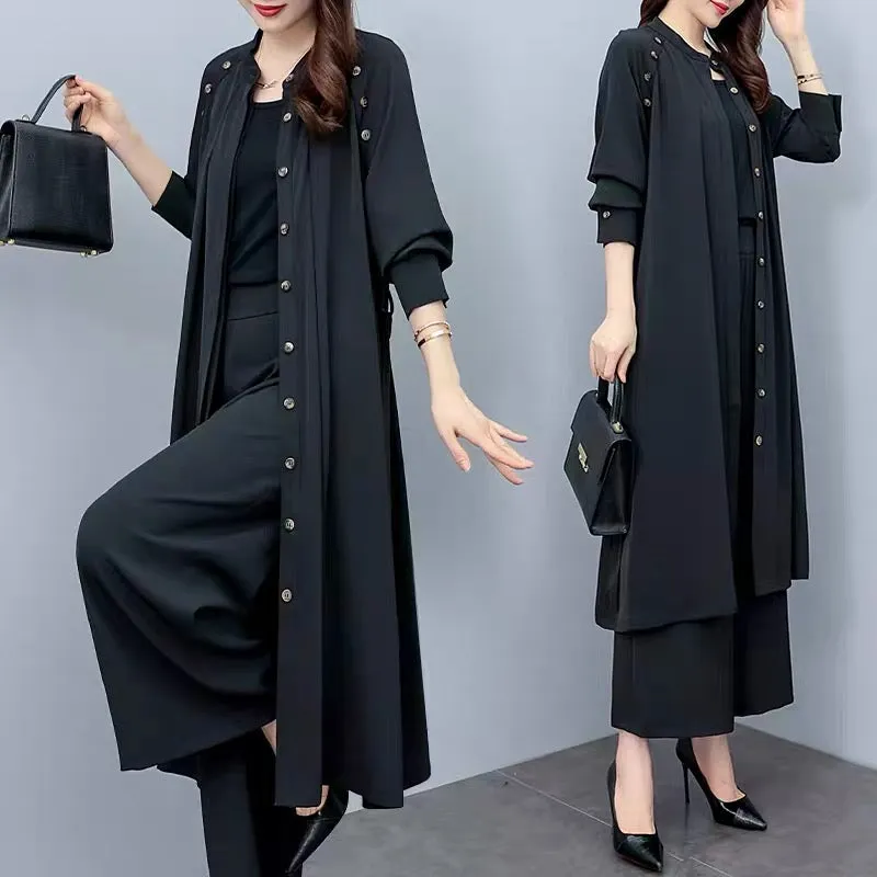 2023 Autumn New Plus Size Women's Clothing Medium Long Loose Jacket Wide Leg Pants Two-piece Casual Fashion Suit Women