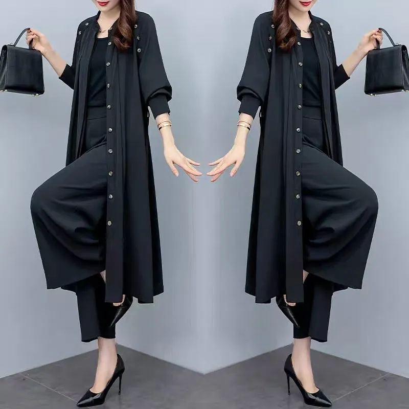 2023 Autumn New Plus Size Women's Clothing Medium Long Loose Jacket Wide Leg Pants Two-piece Casual Fashion Suit Women