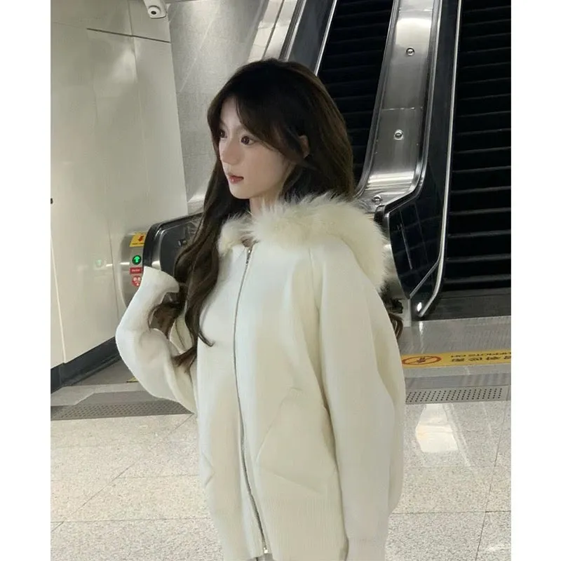 2ND STUDIOS white hooded knitted jacket for women with spliced fur collar 2024 spring new style, gentle and age-reducing