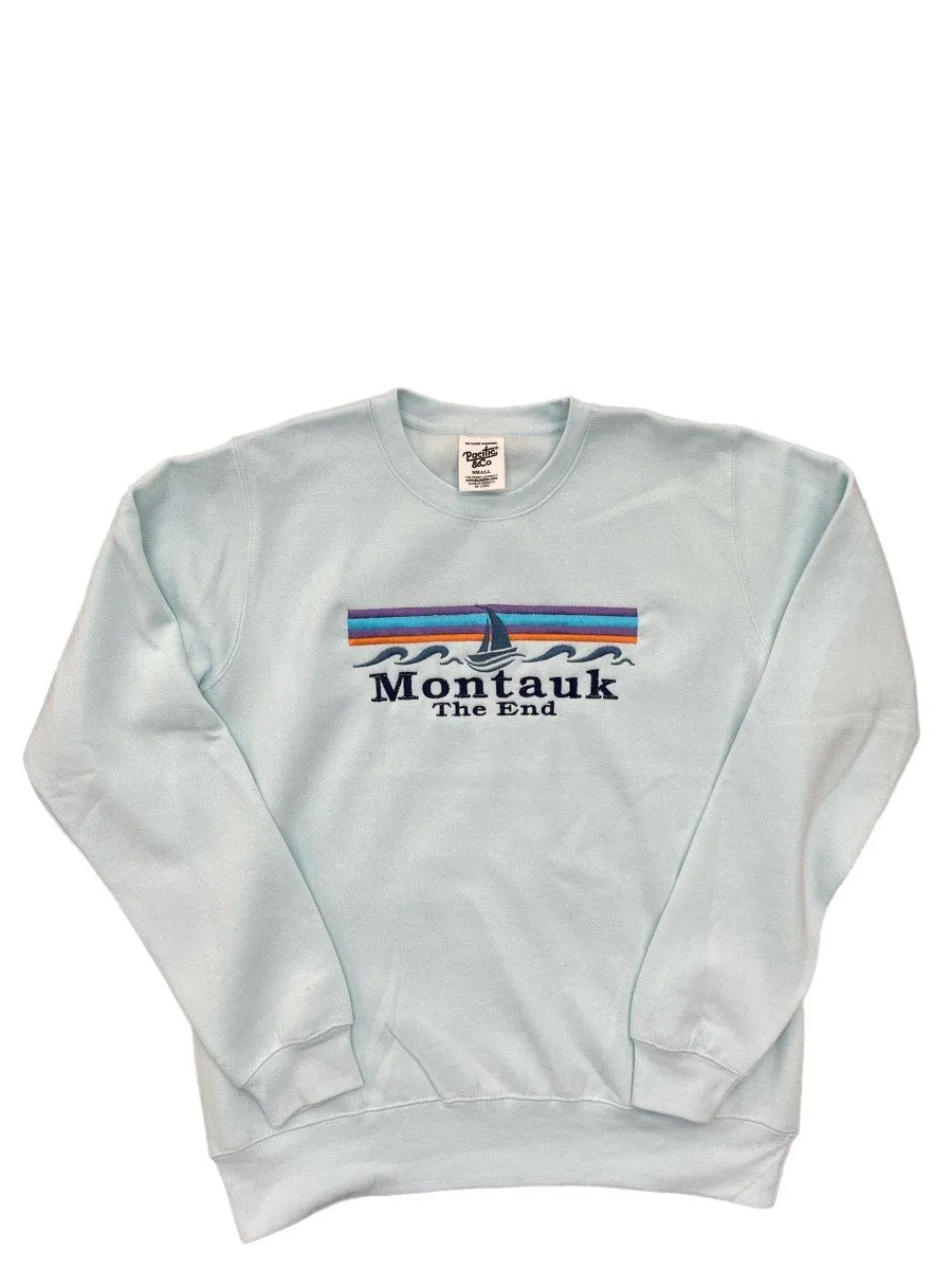 Adult Unisex Crewneck Pullover with Embroidered Montauk The End with Ship in Gray