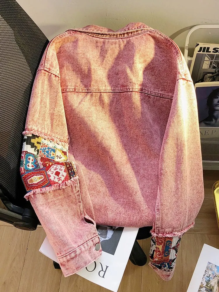 American retro pink spliced denim jacket for women 2024 new loose design niche work jacket top