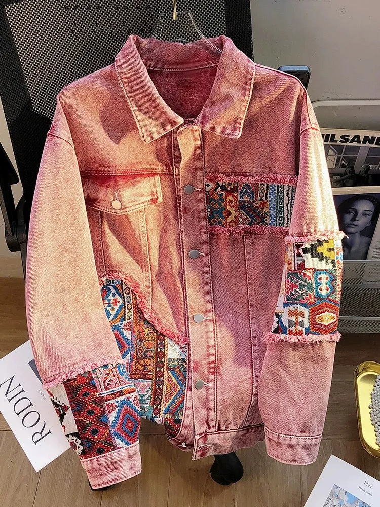 American retro pink spliced denim jacket for women 2024 new loose design niche work jacket top