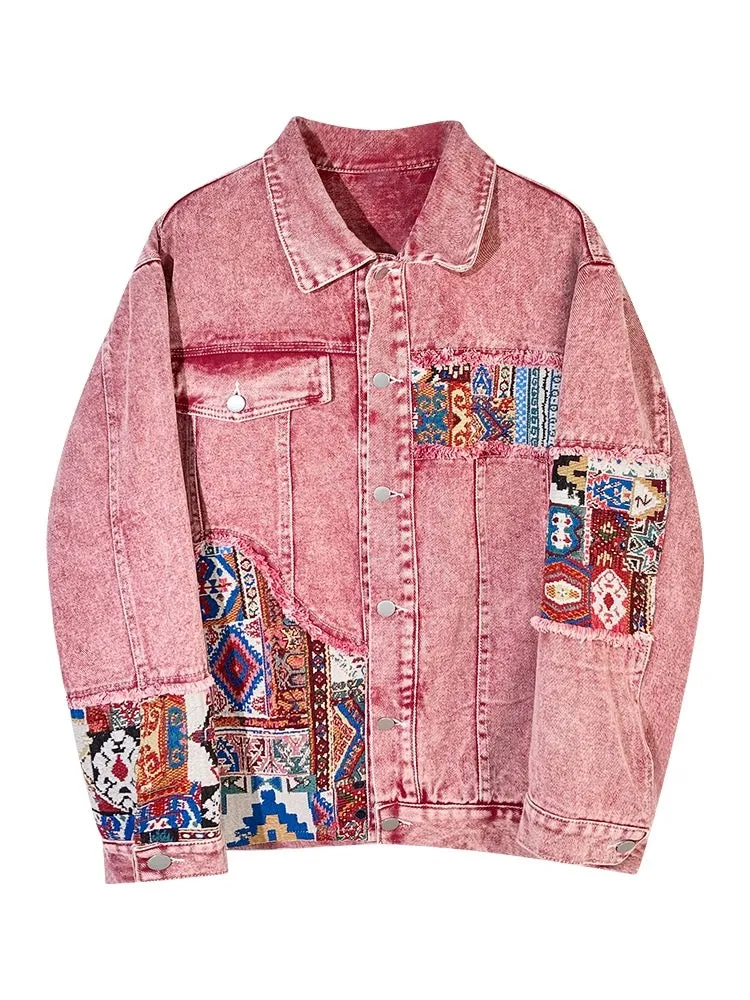 American retro pink spliced denim jacket for women 2024 new loose design niche work jacket top