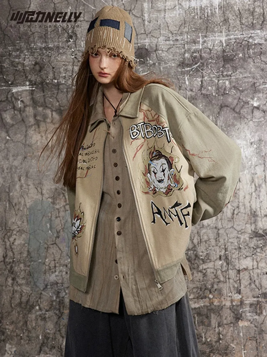 American retro splicing workwear heavy graffiti jacket men and women trendy brand printed motorcycle wear hip-hop casual jacket 