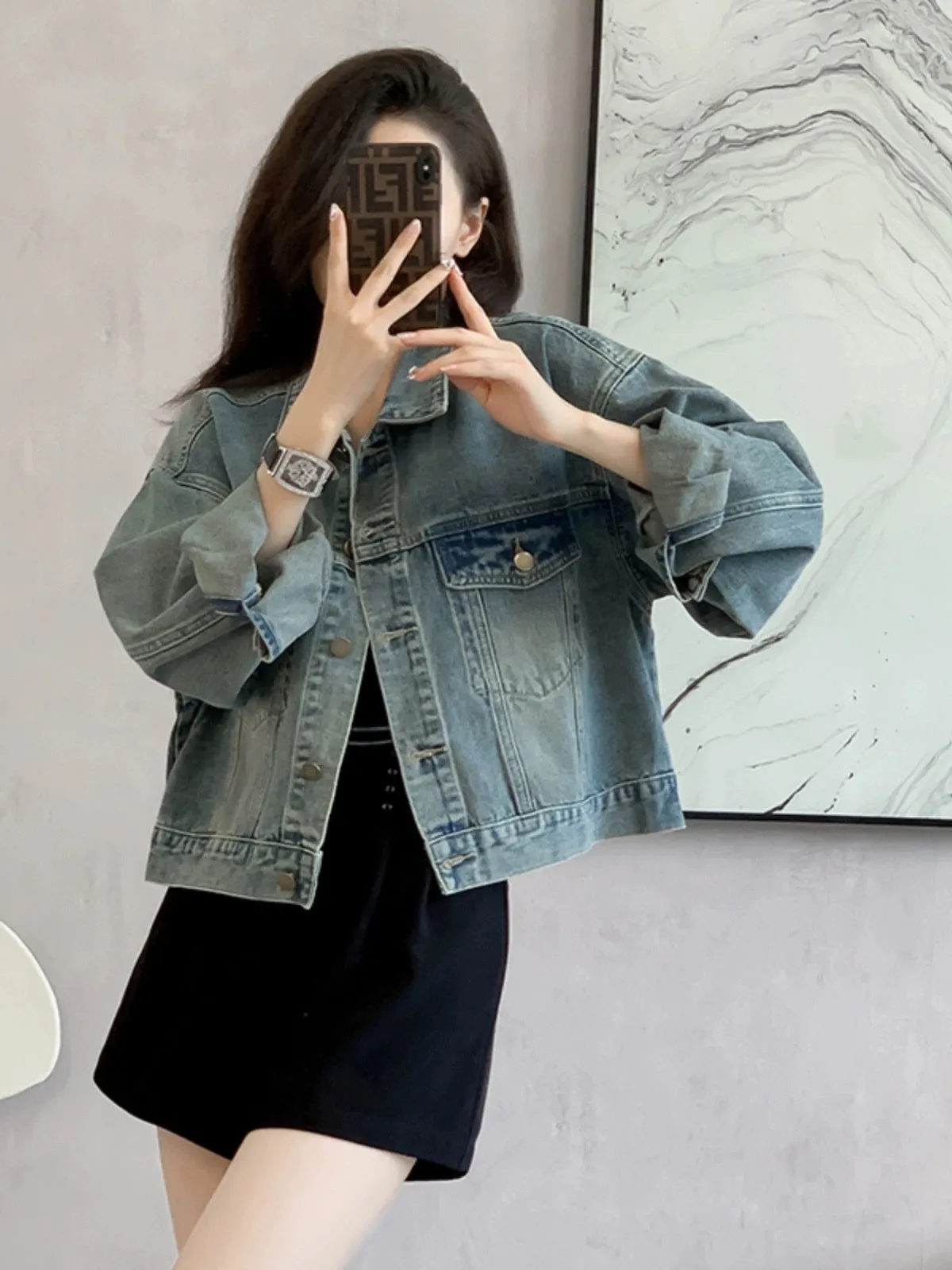 American retro washed light blue short denim jacket for women 2024 spring and autumn new loose and versatile jacket top