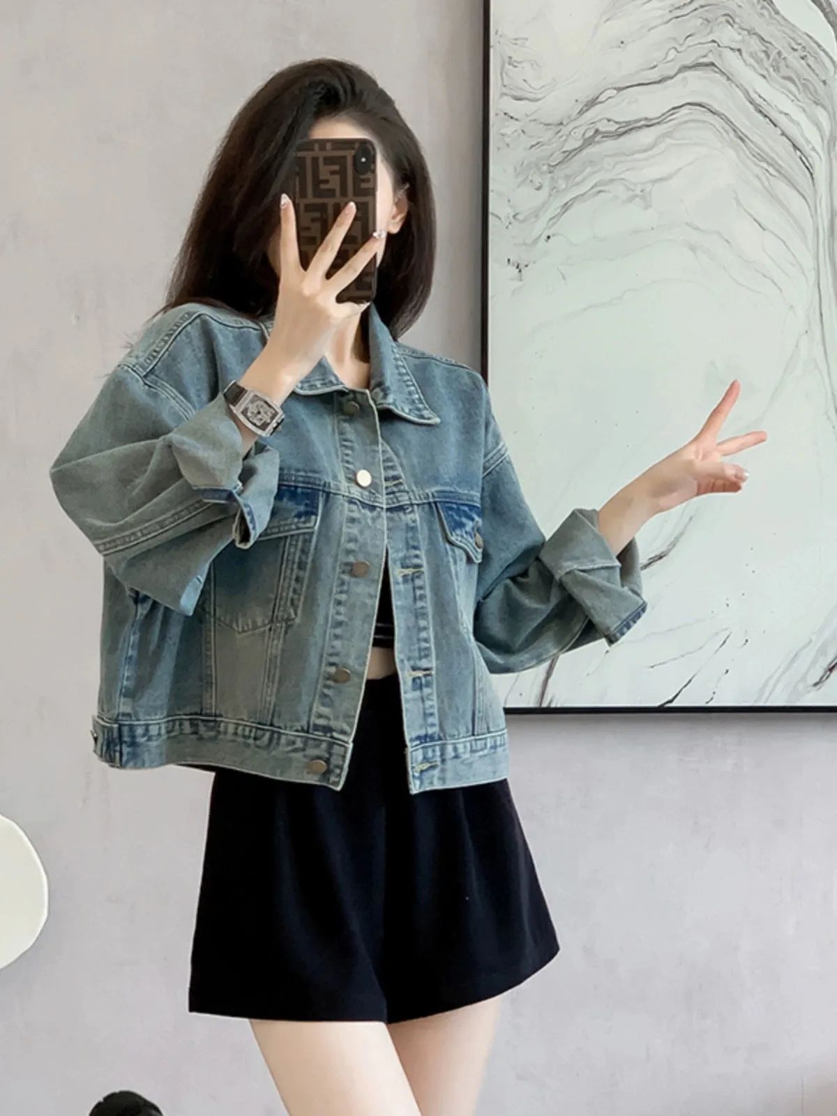 American retro washed light blue short denim jacket for women 2024 spring and autumn new loose and versatile jacket top