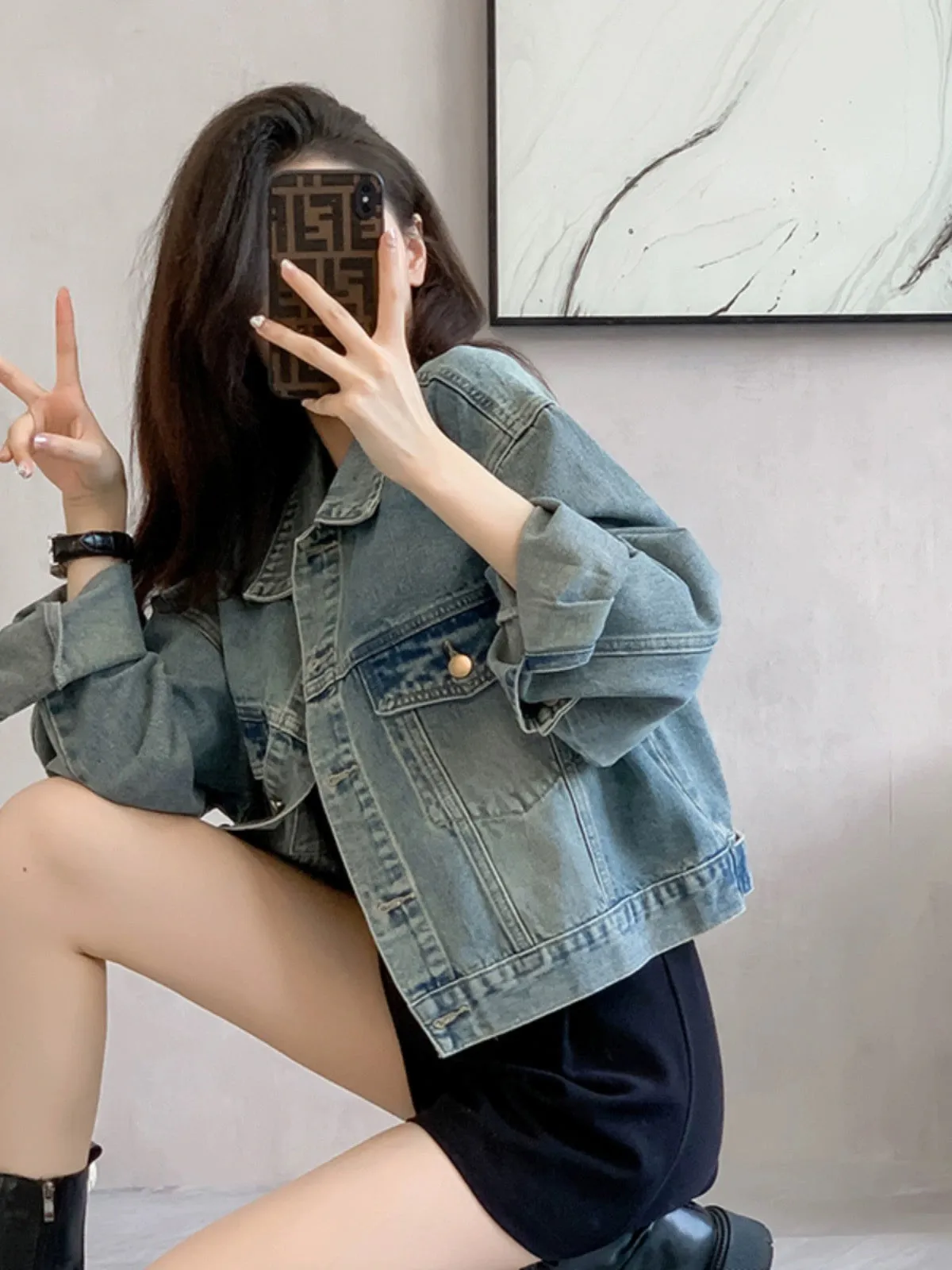 American retro washed light blue short denim jacket for women 2024 spring and autumn new loose and versatile jacket top