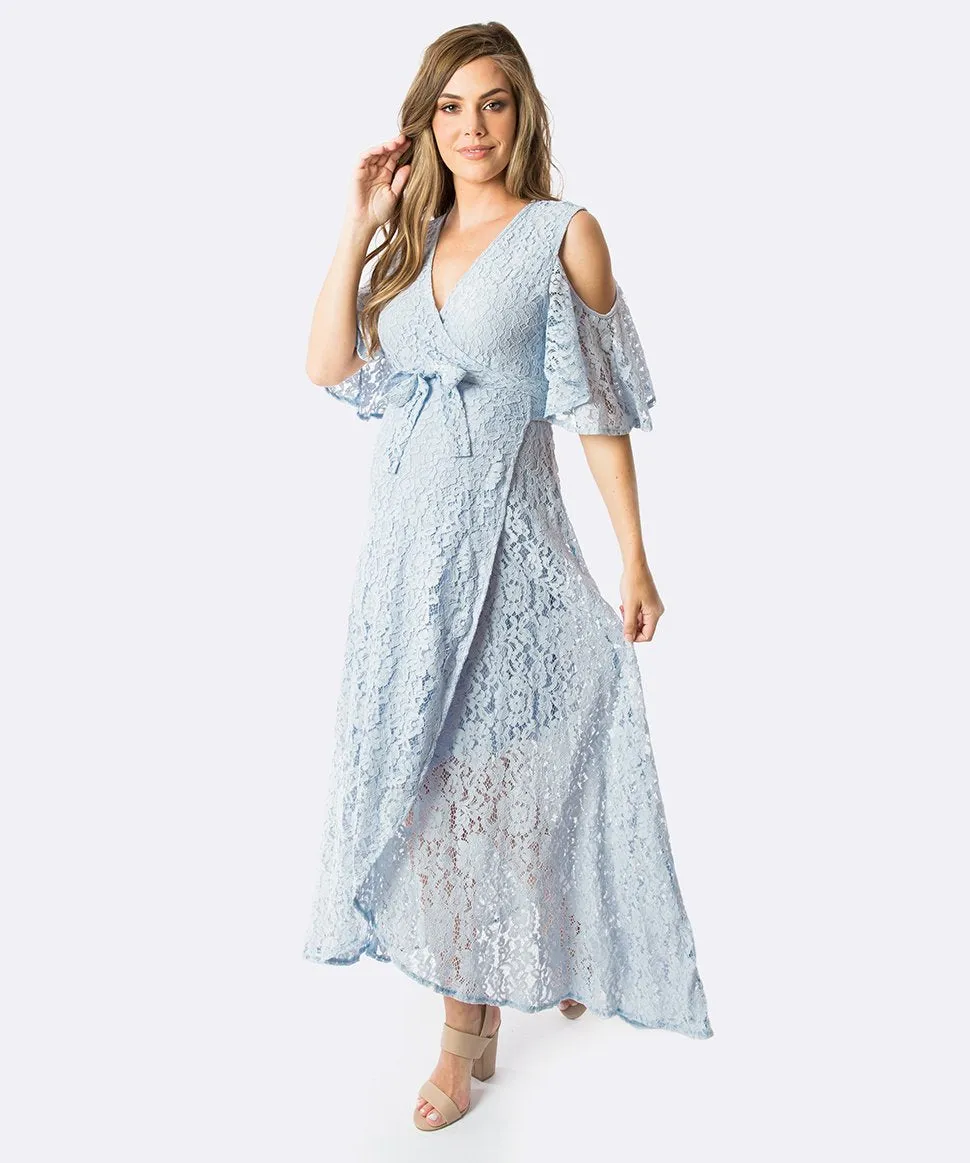 Aria Lace Wrap Dress in Soft Blue