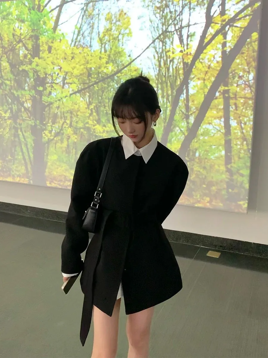 Autumn and winter Korean drama heroine chaebol rich daughter little black waist suit skirt jacket college style suit