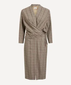 Beige Checked Wrap Dress