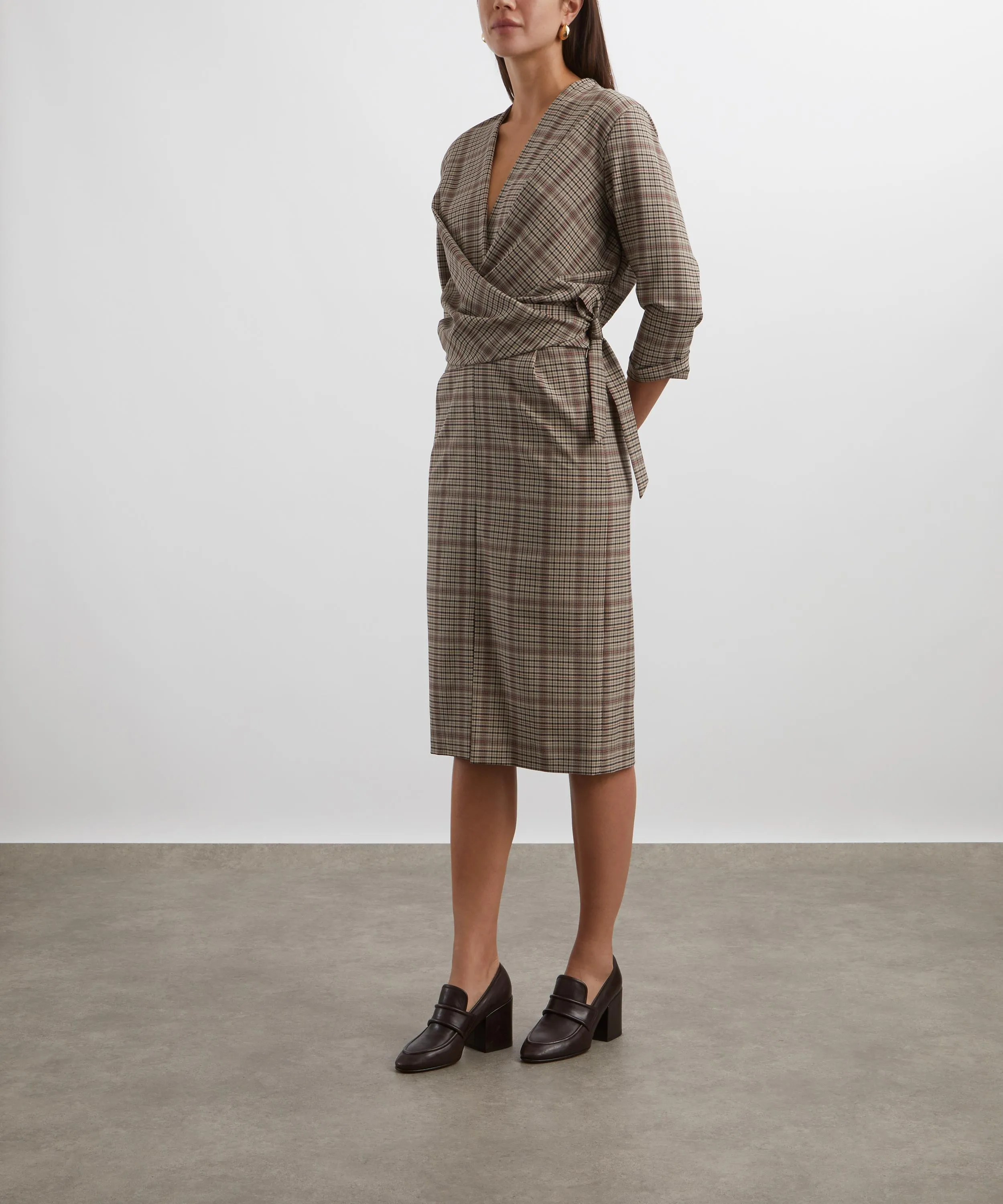 Beige Checked Wrap Dress