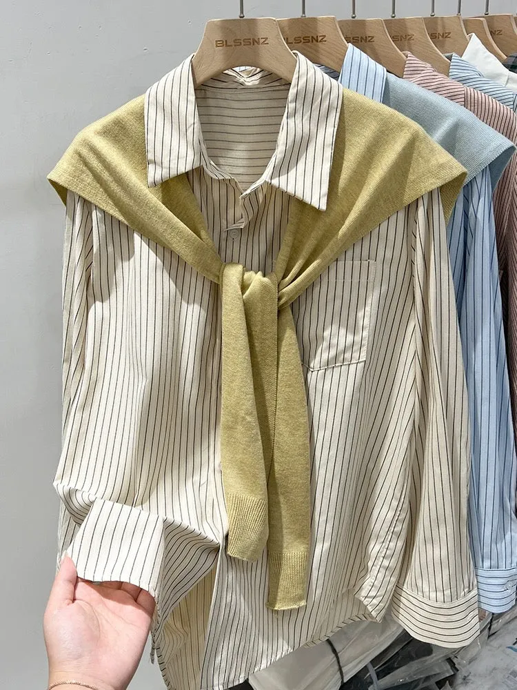 Blue striped long-sleeved shirt for women spring 2024 new style shawl design loose mid-length shirt jacket for women