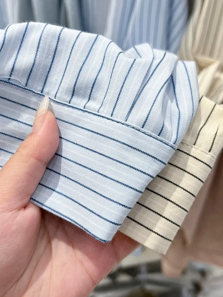 Blue striped long-sleeved shirt for women spring 2024 new style shawl design loose mid-length shirt jacket for women