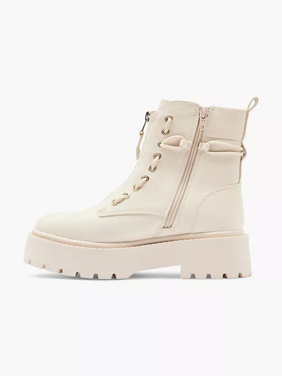 Catwalk  Cream Chunky Front Zip Detailed Ankle Boot