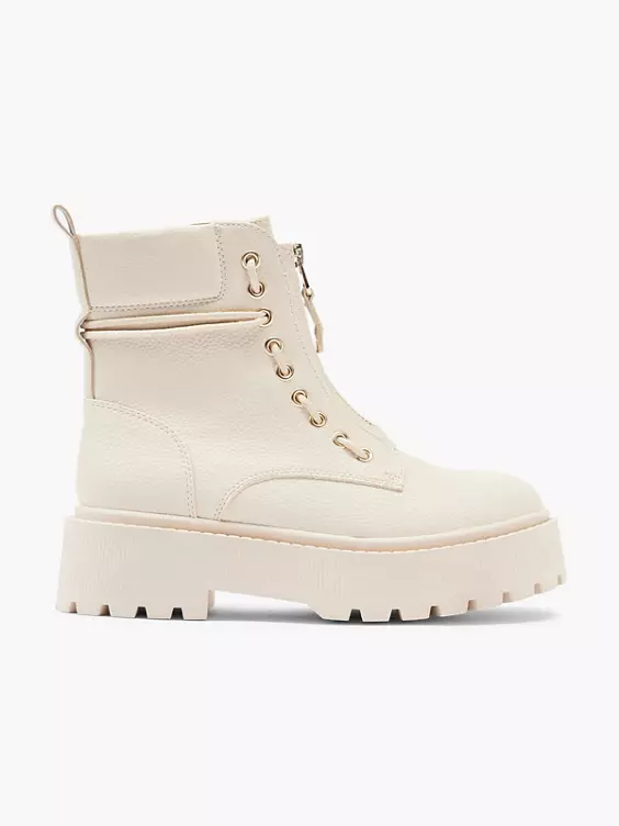 Catwalk  Cream Chunky Front Zip Detailed Ankle Boot