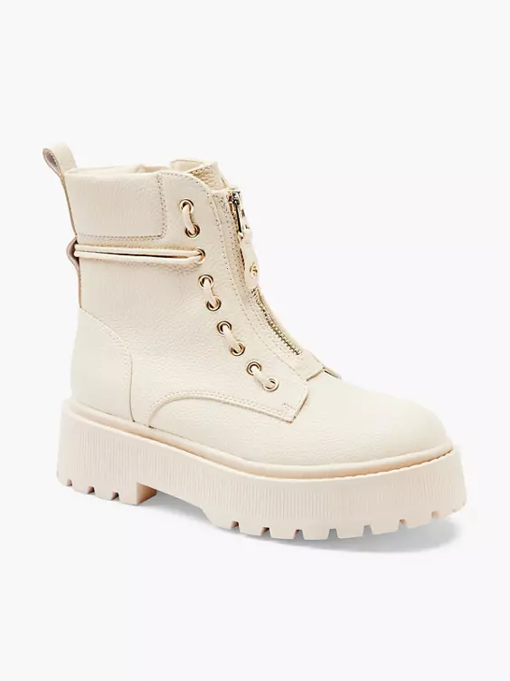 Catwalk  Cream Chunky Front Zip Detailed Ankle Boot