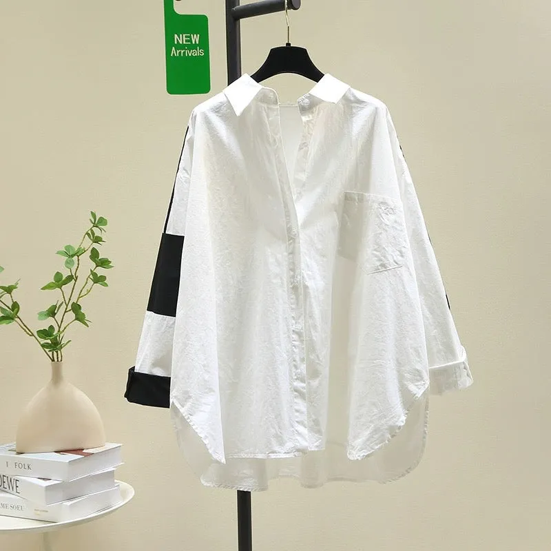 Design sense stitching white shirt women's jacket 2024 spring new Korean version loose casual shirt chic top