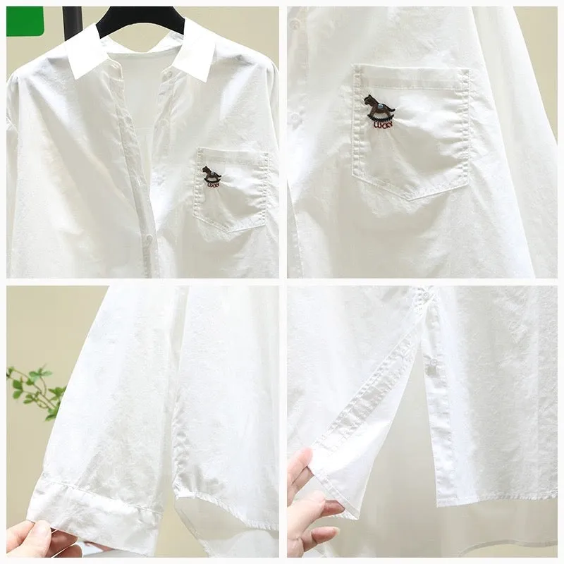 Embroidered white shirt women's sun protection jacket 2024 spring and summer new Korean version loose casual shirt long-sleeved 