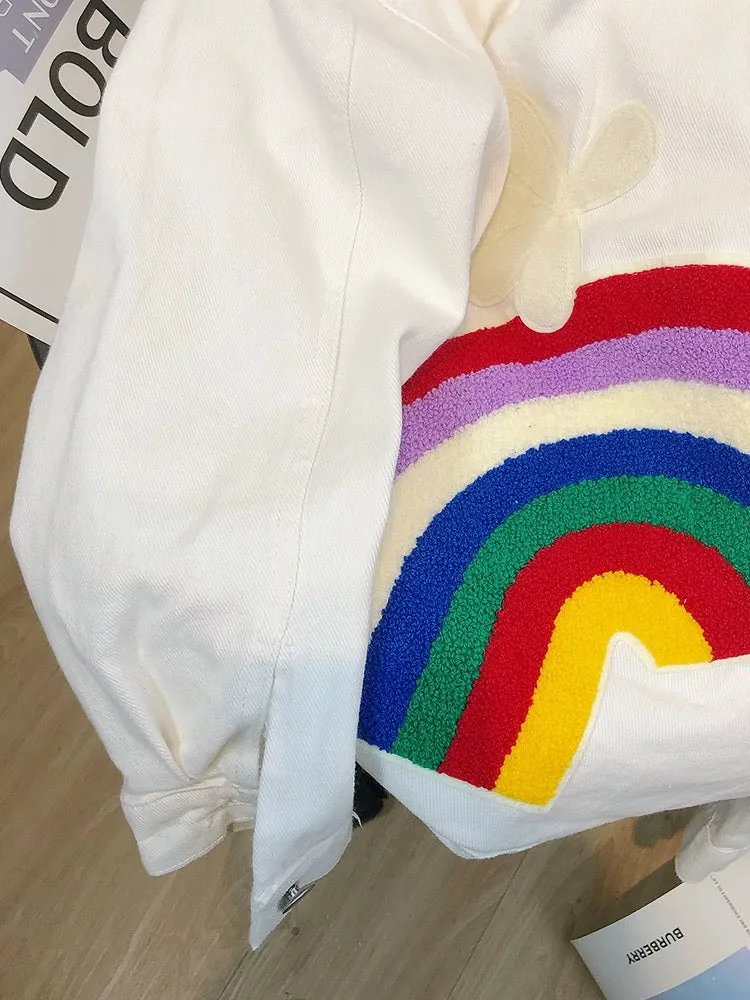 European three-dimensional embroidered rainbow denim jacket for women 2024 new loose niche mid-length white design