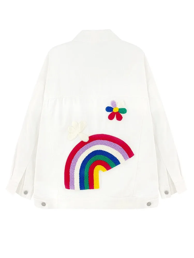 European three-dimensional embroidered rainbow denim jacket for women 2024 new loose niche mid-length white design