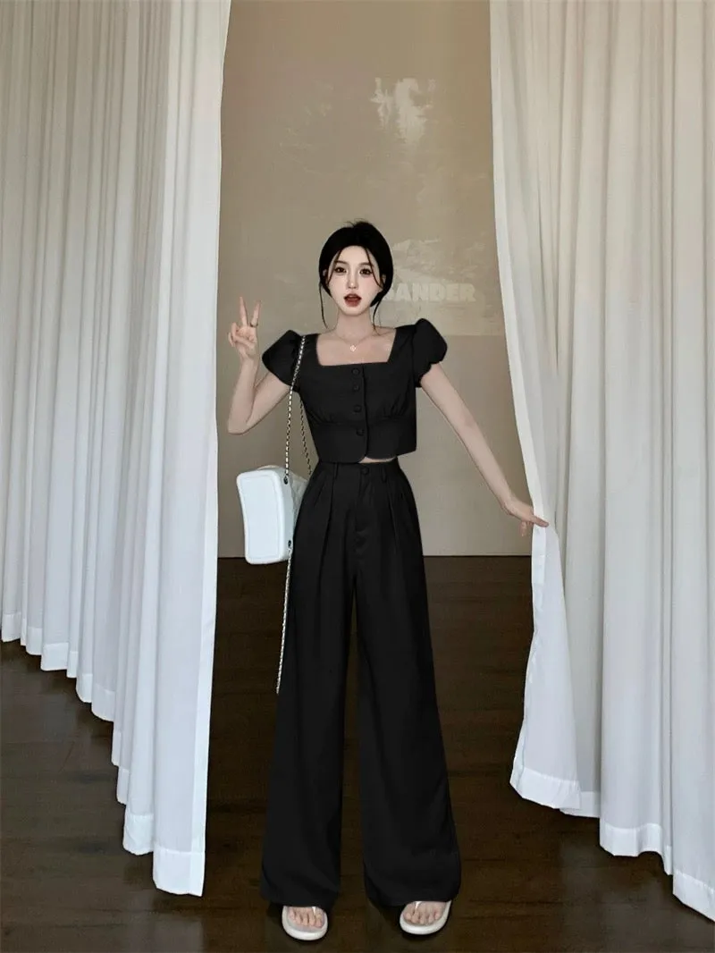 Goddess Style 2024 Summer New Temperament Fashion Niche Thin Sweet Short Jacket + High Waisted Wide Leg Pants Set