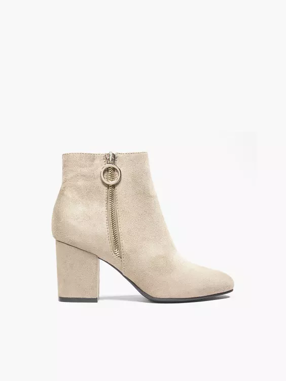 Graceland  Beige Suede Block Heeled Zip Ring Ankle Boot