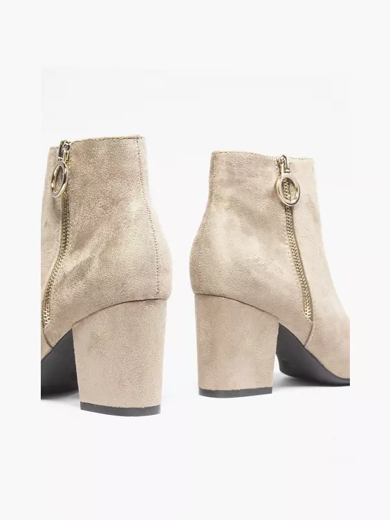 Graceland  Beige Suede Block Heeled Zip Ring Ankle Boot