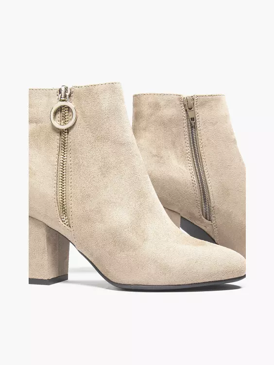 Graceland  Beige Suede Block Heeled Zip Ring Ankle Boot