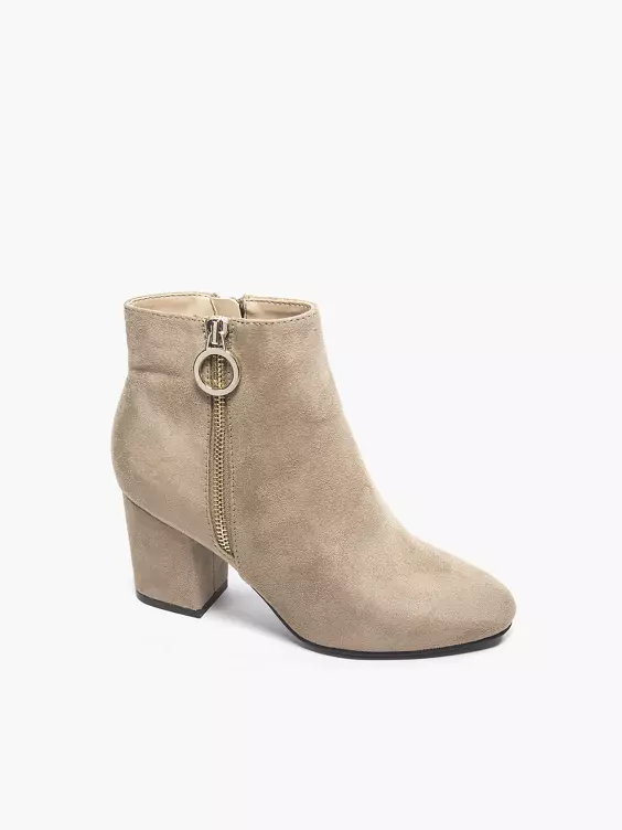 Graceland  Beige Suede Block Heeled Zip Ring Ankle Boot