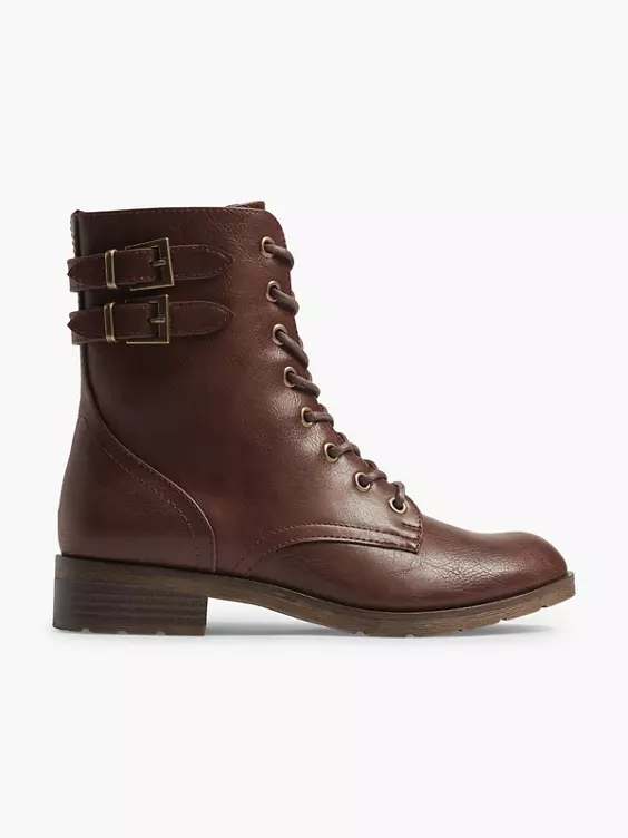 Graceland  Brown Double Buckle Lace Up Ankle Boot