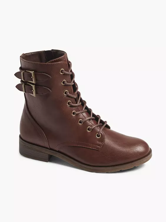 Graceland  Brown Double Buckle Lace Up Ankle Boot