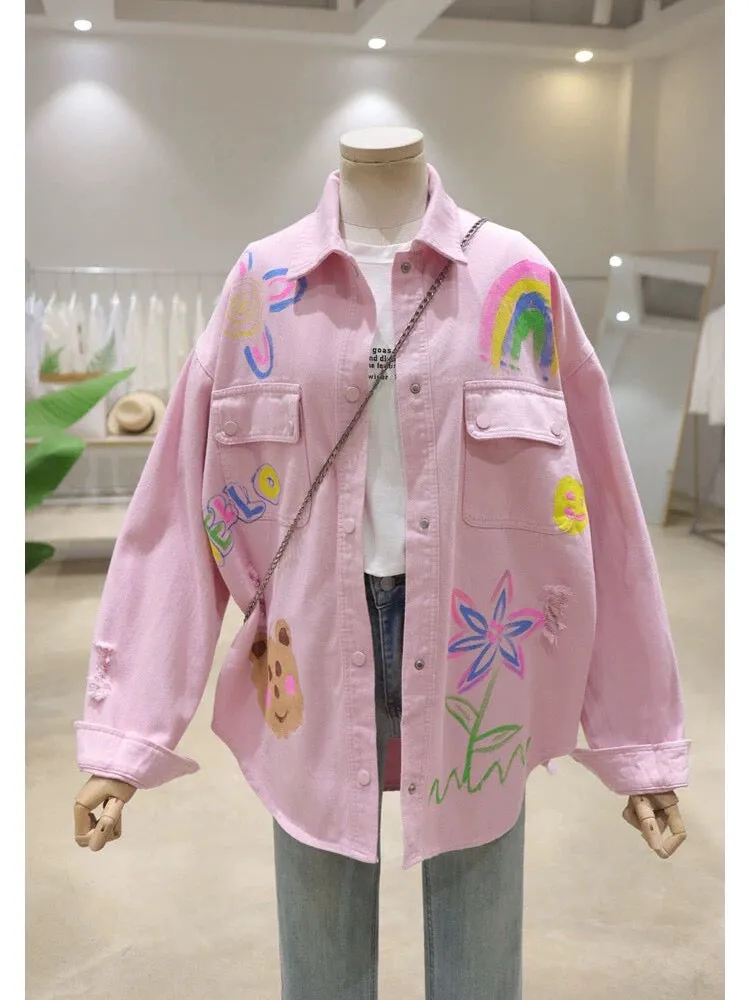 Heavy Industry Bear Graffiti Print 2024 Spring Loose Mid-Length Shattered Washed Cotton Denim Jacket for Women