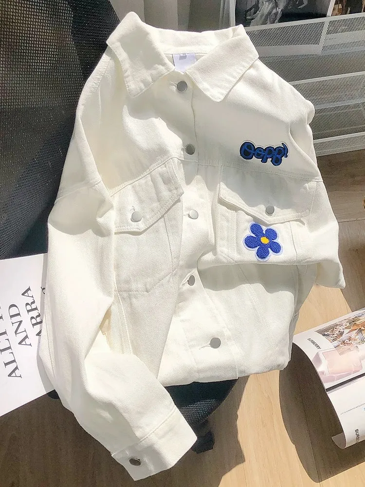 Heavy Industry Diamond Letter Bear White Denim Jacket Women 2024 Early Spring New Korean Style Loose Jacket Top Fashion