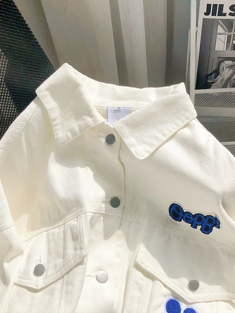 Heavy Industry Diamond Letter Bear White Denim Jacket Women 2024 Early Spring New Korean Style Loose Jacket Top Fashion