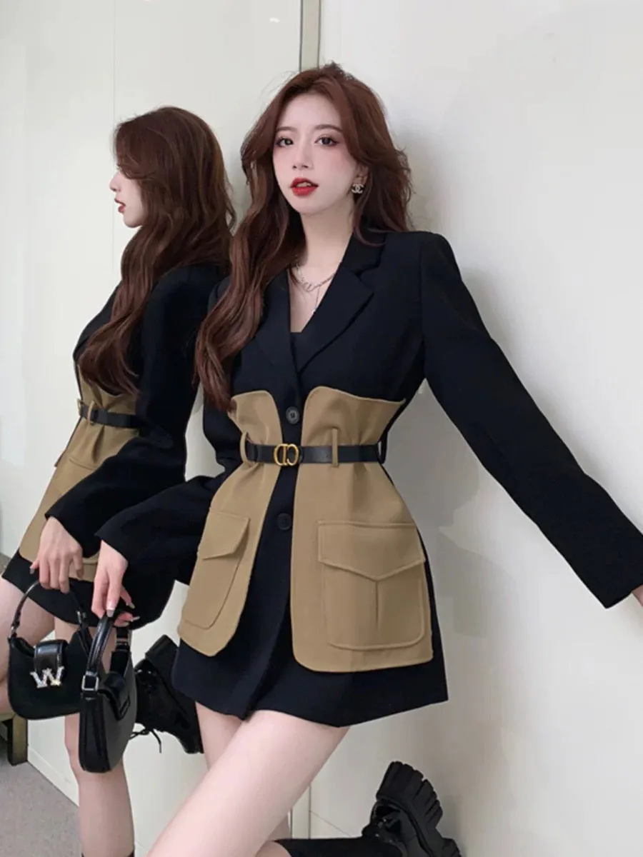 High-end contrasting color splicing suit jacket skirt for women in autumn and winter British style waist-cinching temperament ro