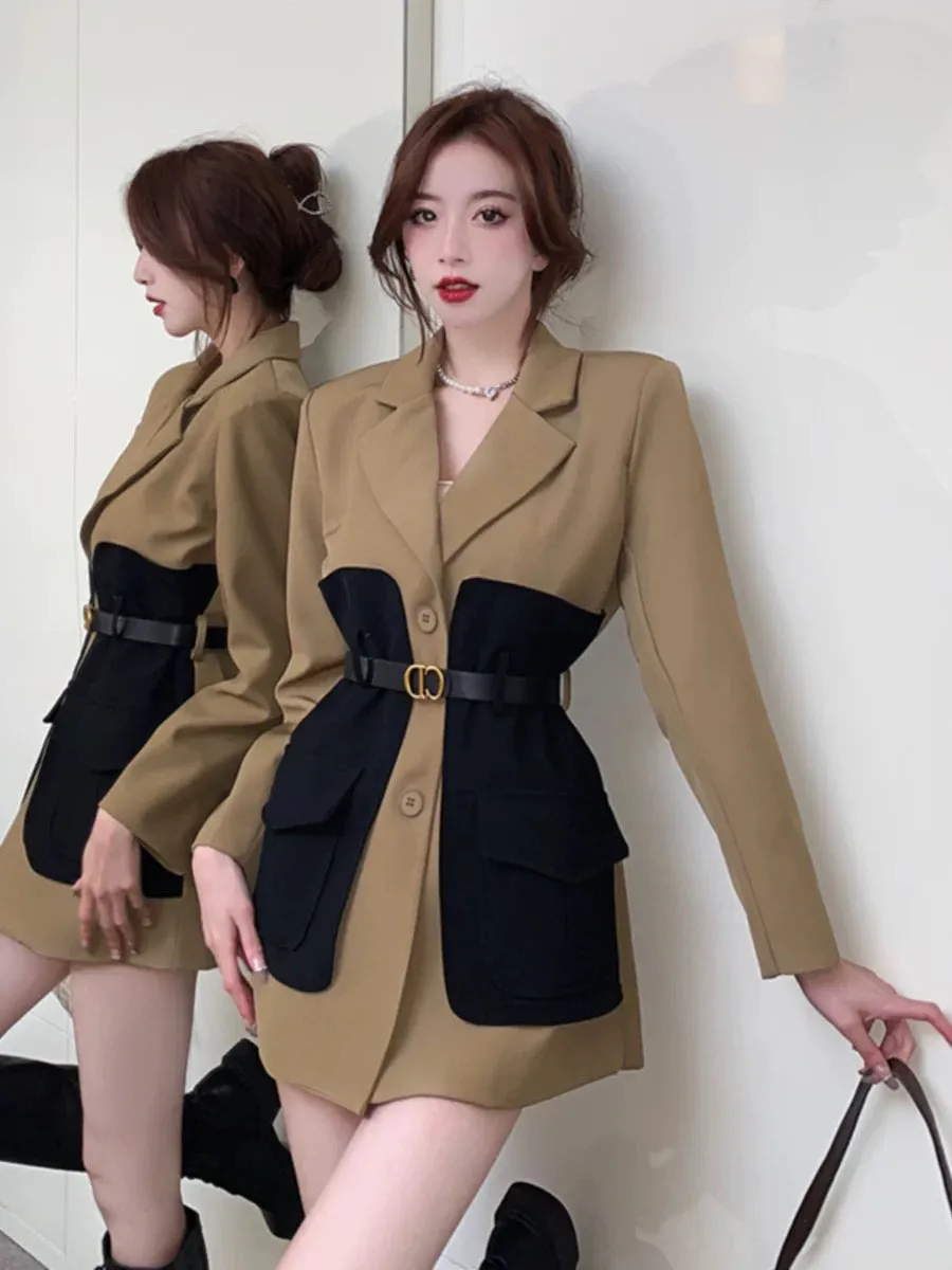 High-end contrasting color splicing suit jacket skirt for women in autumn and winter British style waist-cinching temperament ro