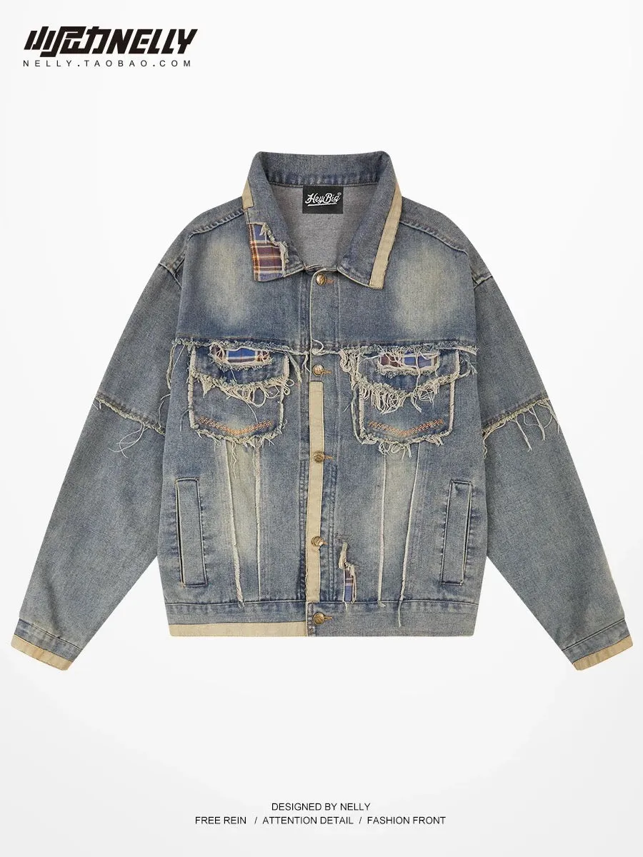 hiphop American high street washed raw edge splicing lapel jacket men and women early spring retro distressed denim jacket trend