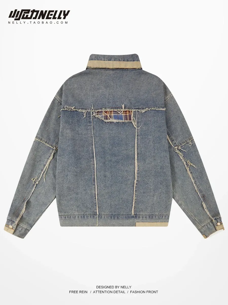 hiphop American high street washed raw edge splicing lapel jacket men and women early spring retro distressed denim jacket trend