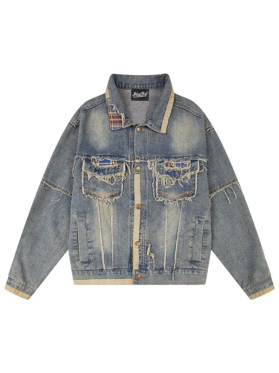 hiphop American high street washed raw edge splicing lapel jacket men and women early spring retro distressed denim jacket trend