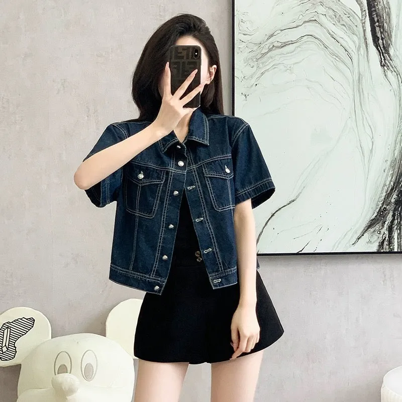 Hong Kong style retro short-sleeved denim jacket for women, summer design, dark wash, trendy outer wear for small people, versat