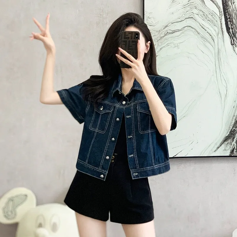 Hong Kong style retro short-sleeved denim jacket for women, summer design, dark wash, trendy outer wear for small people, versat