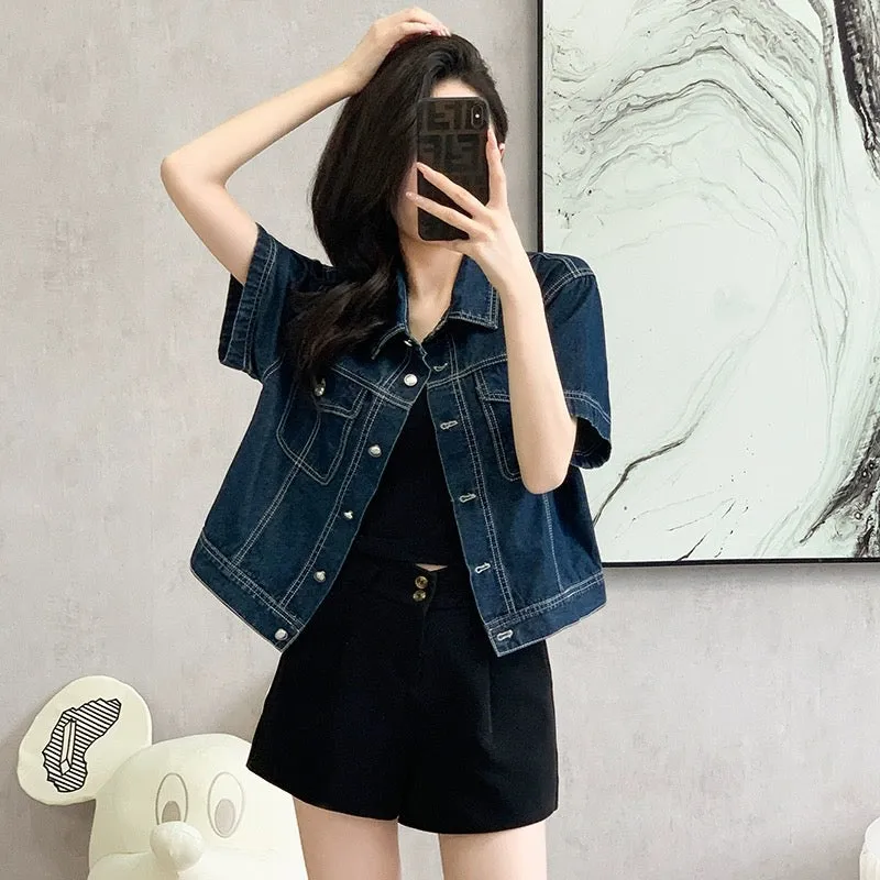 Hong Kong style retro short-sleeved denim jacket for women, summer design, dark wash, trendy outer wear for small people, versat