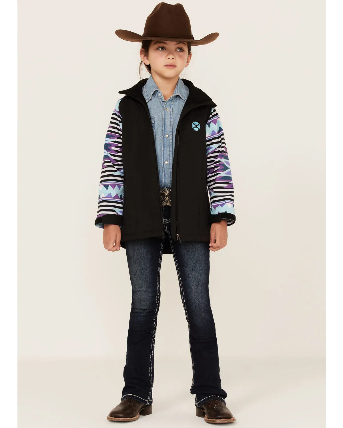 Hooey Girls' Southwestern Print Sleeve Zip-Front Softshell Jacket