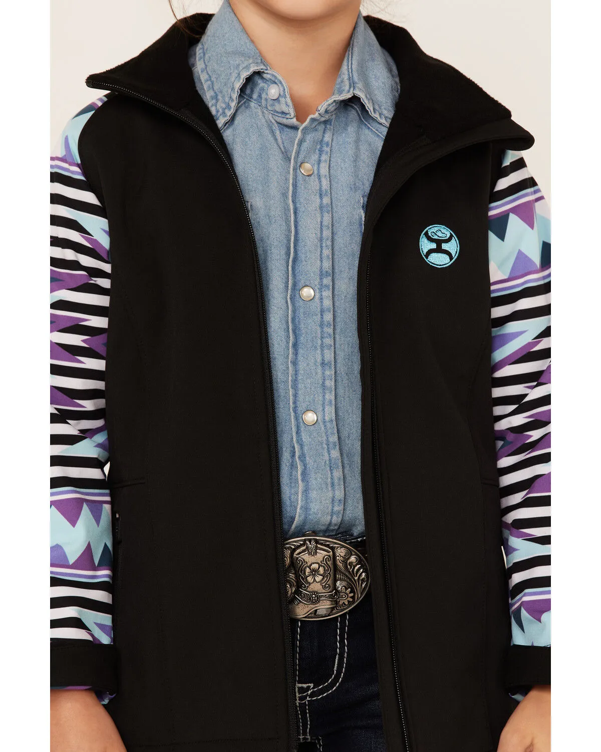 Hooey Girls' Southwestern Print Sleeve Zip-Front Softshell Jacket