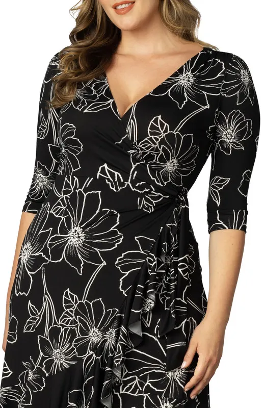 Kiyonna Flirty Flounce Midi Wrap Dress with 3/4 Sleeves (Plus Size)